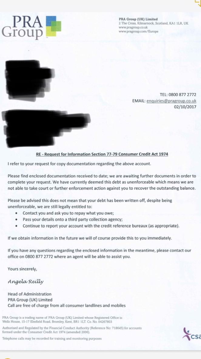 Credit agreement letter reply from PRA GROUP - General Debt Issues -  Consumer Action Group