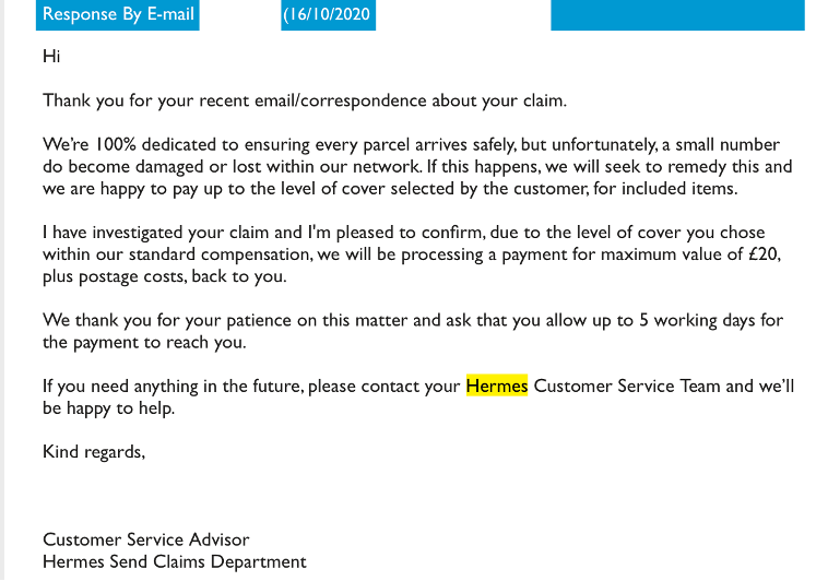 Hermes lost my parcel worth £70. I did not insure it, am I entitled to a  full refund? - Postal and Delivery Services - Consumer Action Group